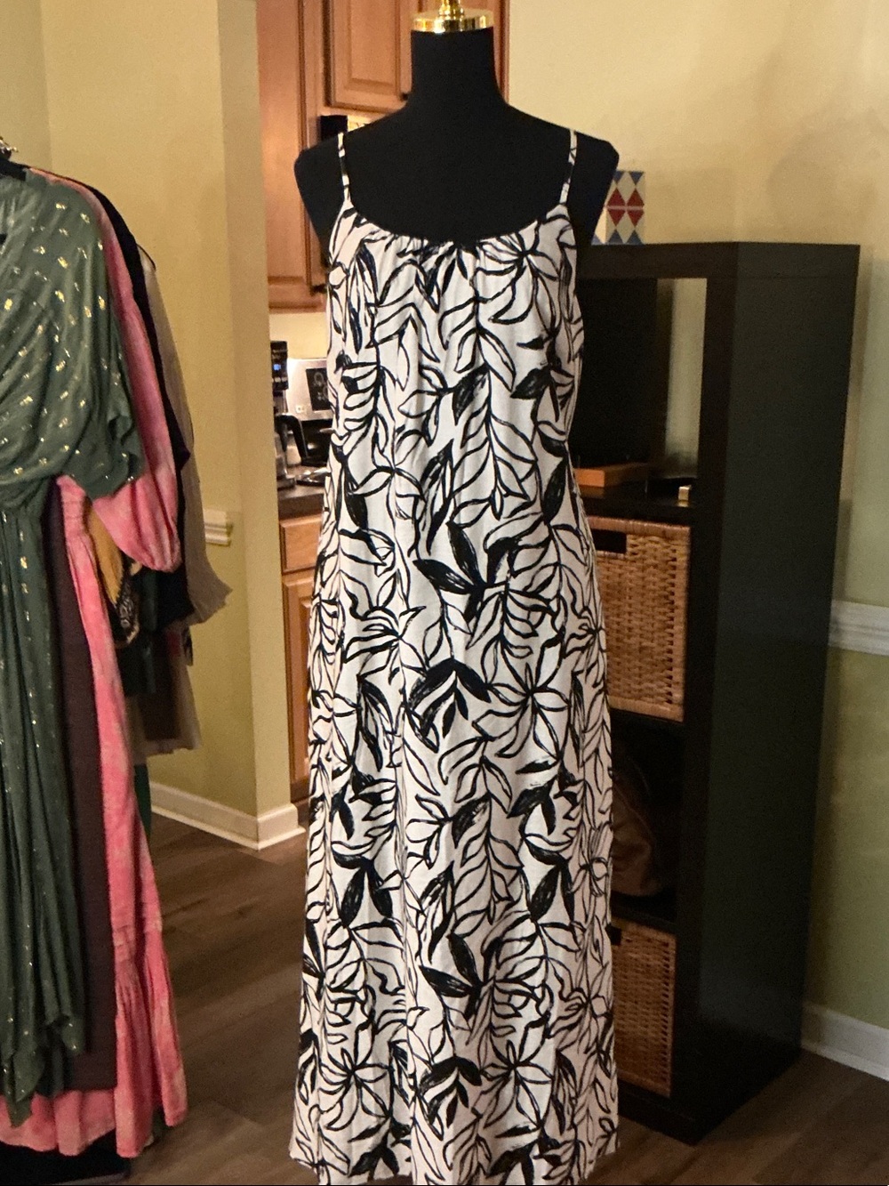 Sam Edelman Black and White Leaf-Print Spaghetti Strap Maxi Dress
